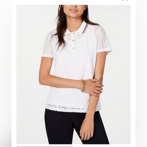 Lacy Golf Sz Medium White Gold Tennis Preppy Lined Polo Shirt Y2K Tommy Hilfiger